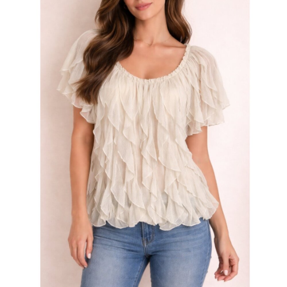 Once Again Women's White Chic Short Sleeve Ruffled Blouse Plus Size 1X